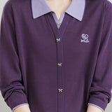 Color‑Blocked Polo Collar Bow Button Faux Two‑Piece Knit Cardigan