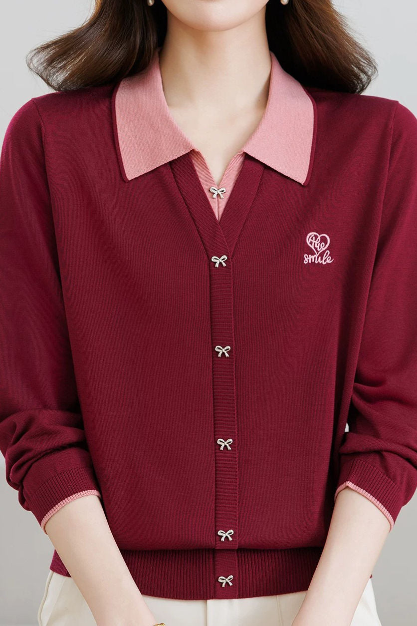 Color‑Blocked Polo Collar Bow Button Faux Two‑Piece Knit Cardigan
