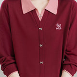 Color‑Blocked Polo Collar Bow Button Faux Two‑Piece Knit Cardigan
