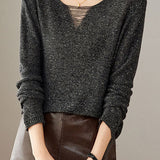 Exquisite Elegant V-Neck Glitter Lurex Long Sleeve Knit Top
