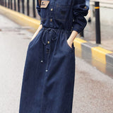 Casual Lapel Drawstring Tie Long Sleeve Denim Dress
