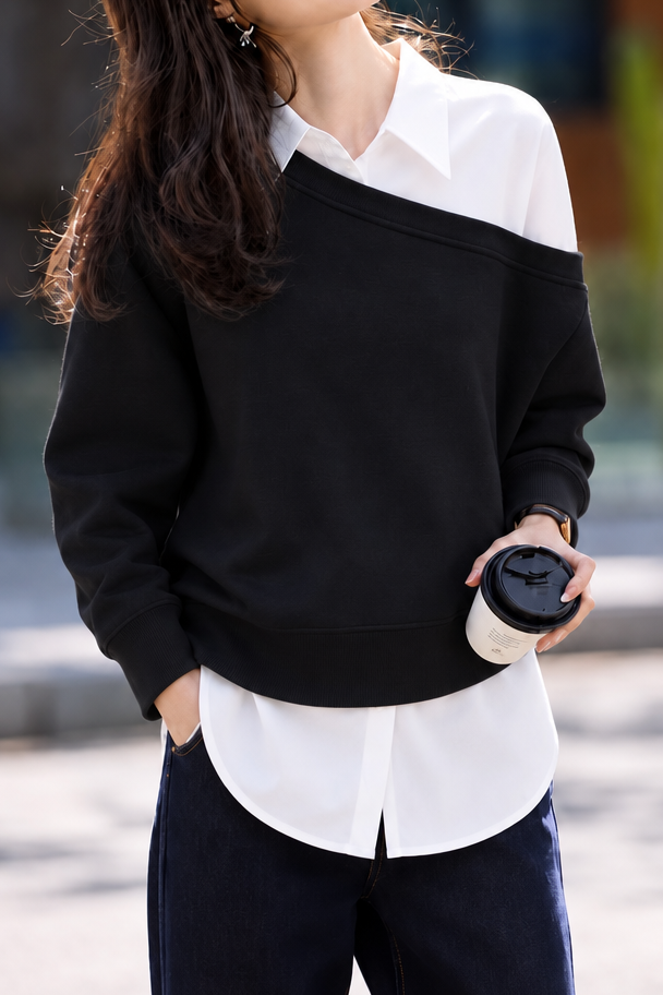 Casual Fake Two-Piece Lapel Color Block Long Sleeve Shirt