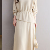 Elegant Round Neck Tie Long Sleeve Knit Top & Elastic Waist Midi Skirt Set