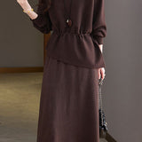 Elegant Round Neck Tie Long Sleeve Knit Top & Elastic Waist Midi Skirt Set