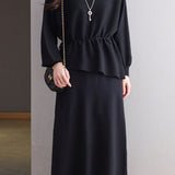Elegant Round Neck Tie Long Sleeve Knit Top & Elastic Waist Midi Skirt Set