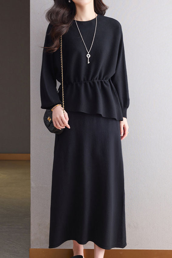 Elegant Round Neck Tie Long Sleeve Knit Top & Elastic Waist Midi Skirt Set