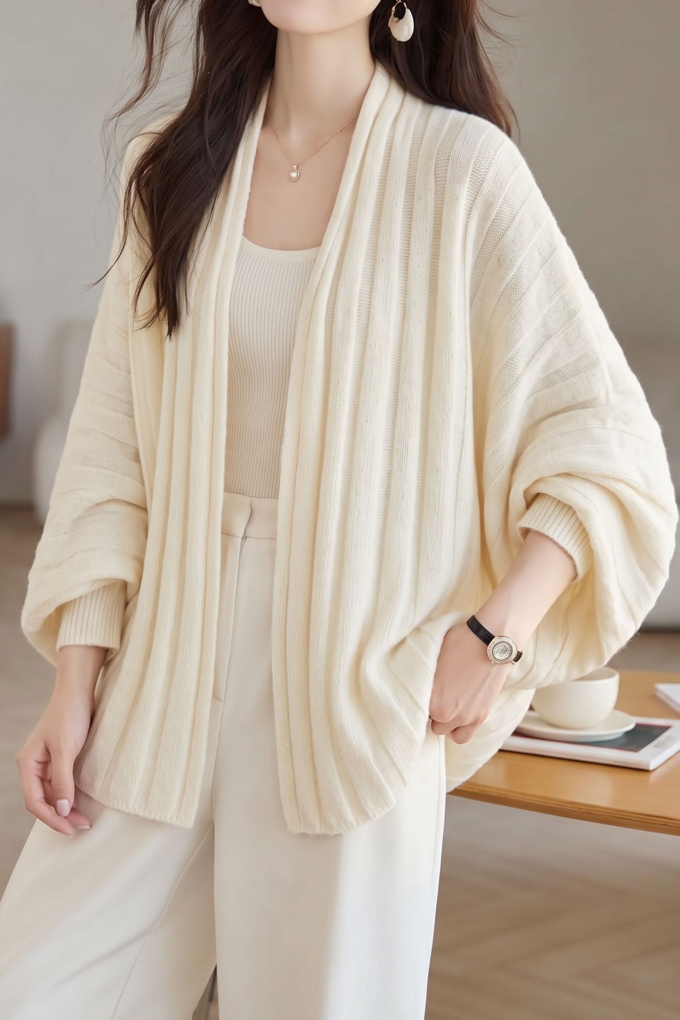 Casual Buttonless Wide Ribbed Batwing Sleeve Cardigan