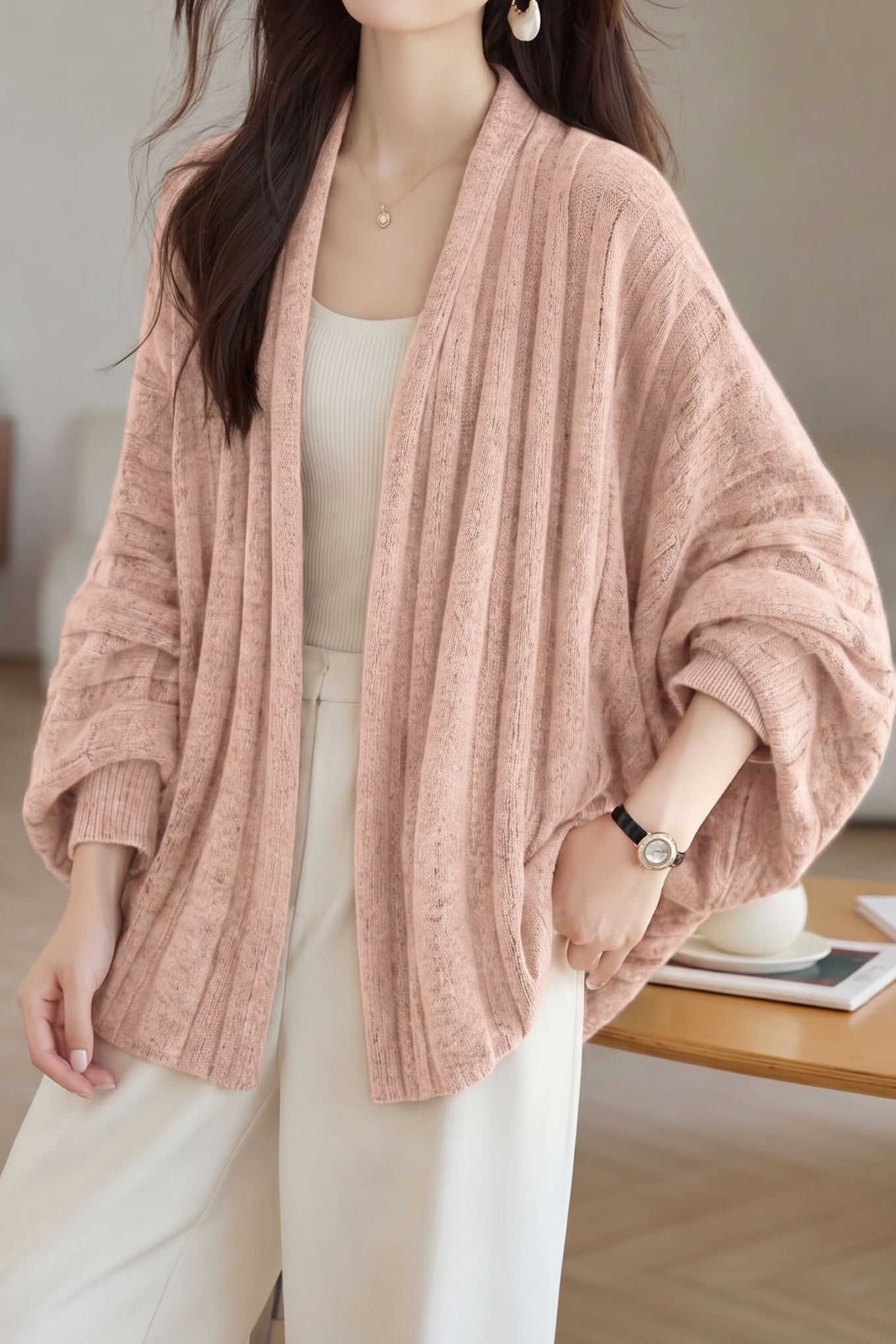Casual Buttonless Wide Ribbed Batwing Sleeve Cardigan