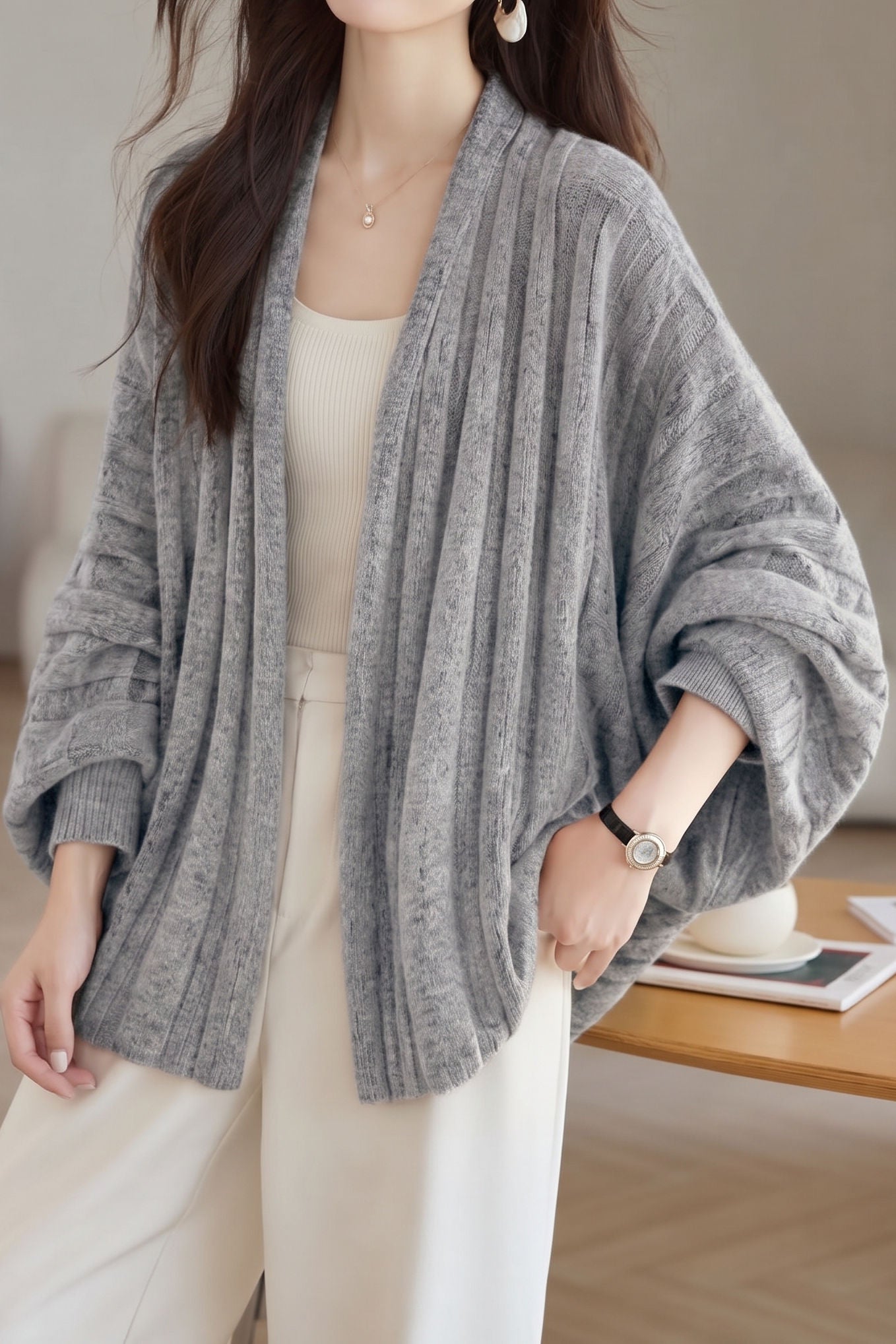 Casual Buttonless Wide Ribbed Batwing Sleeve Cardigan