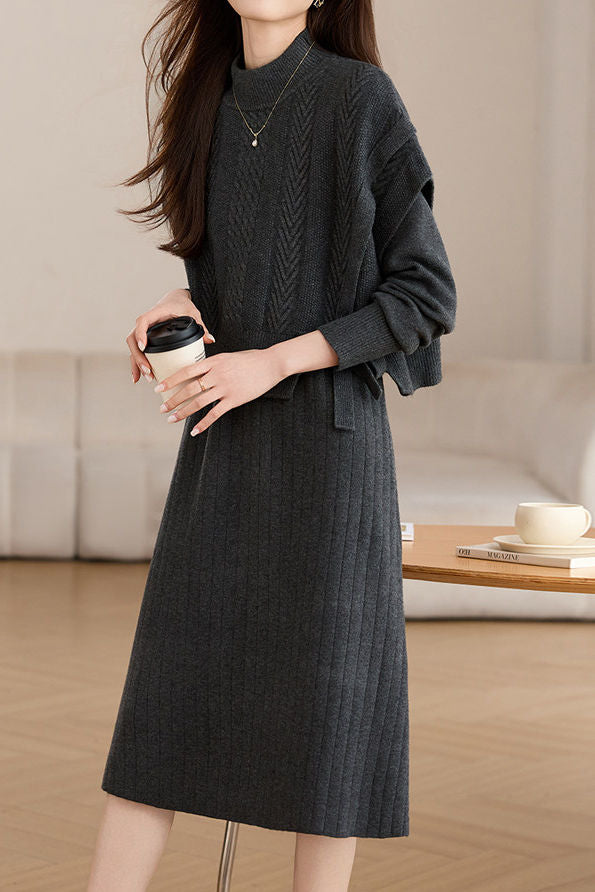 Casual Fake Two-Piece Side Tie Ribbed Knit Dress