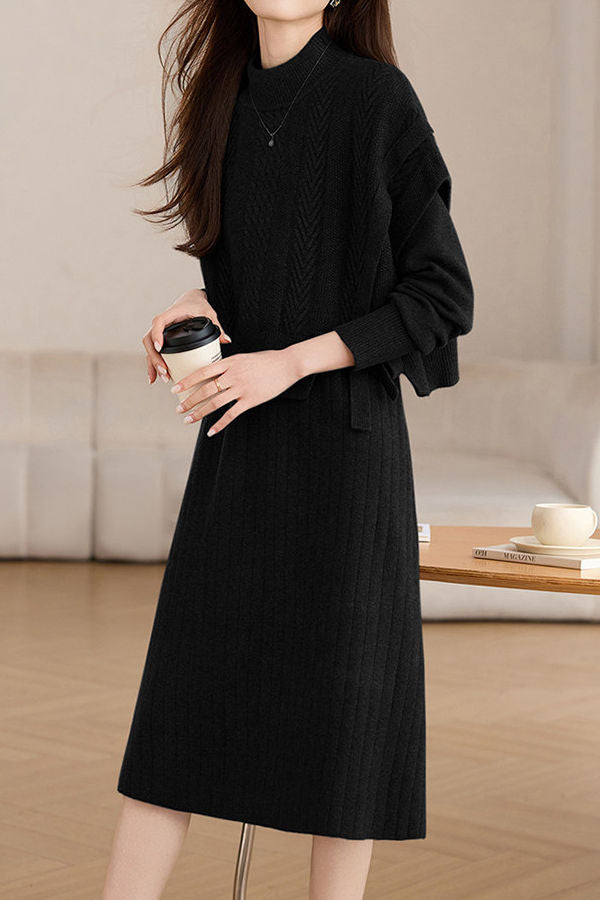 Casual Fake Two-Piece Side Tie Ribbed Knit Dress