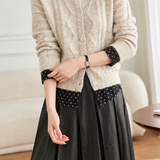 Elegant Fake Two-Piece Color Block Polka Dot Lapel Long Sleeve Knit Cardigan