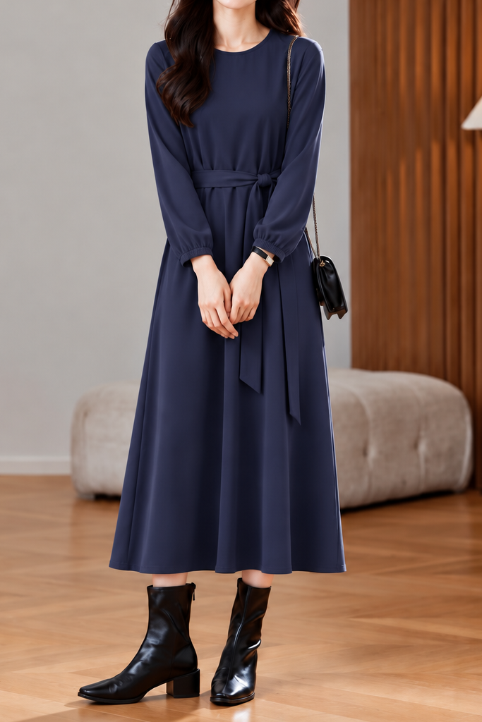 Casual Round Neck Lantern Sleeve Waist Tie Dress