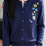 Exquisite Elegant Round Neck Floral Embroidery Long Sleeve Knit Cardigan