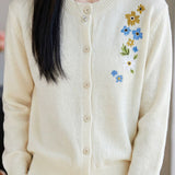 Exquisite Elegant Round Neck Floral Embroidery Long Sleeve Knit Cardigan