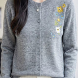 Exquisite Elegant Round Neck Floral Embroidery Long Sleeve Knit Cardigan