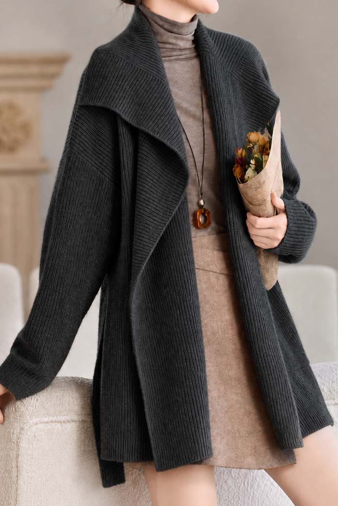 Casual Wide Lapel Drop‑Shoulder Waist‑Tie Long Sleeve Knit Cardigan