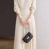 Elegant Round Neck Long Sleeve Waisted Knit Top & Midi Skirt Set
