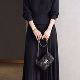 Elegant Round Neck Long Sleeve Waisted Knit Top & Midi Skirt Set