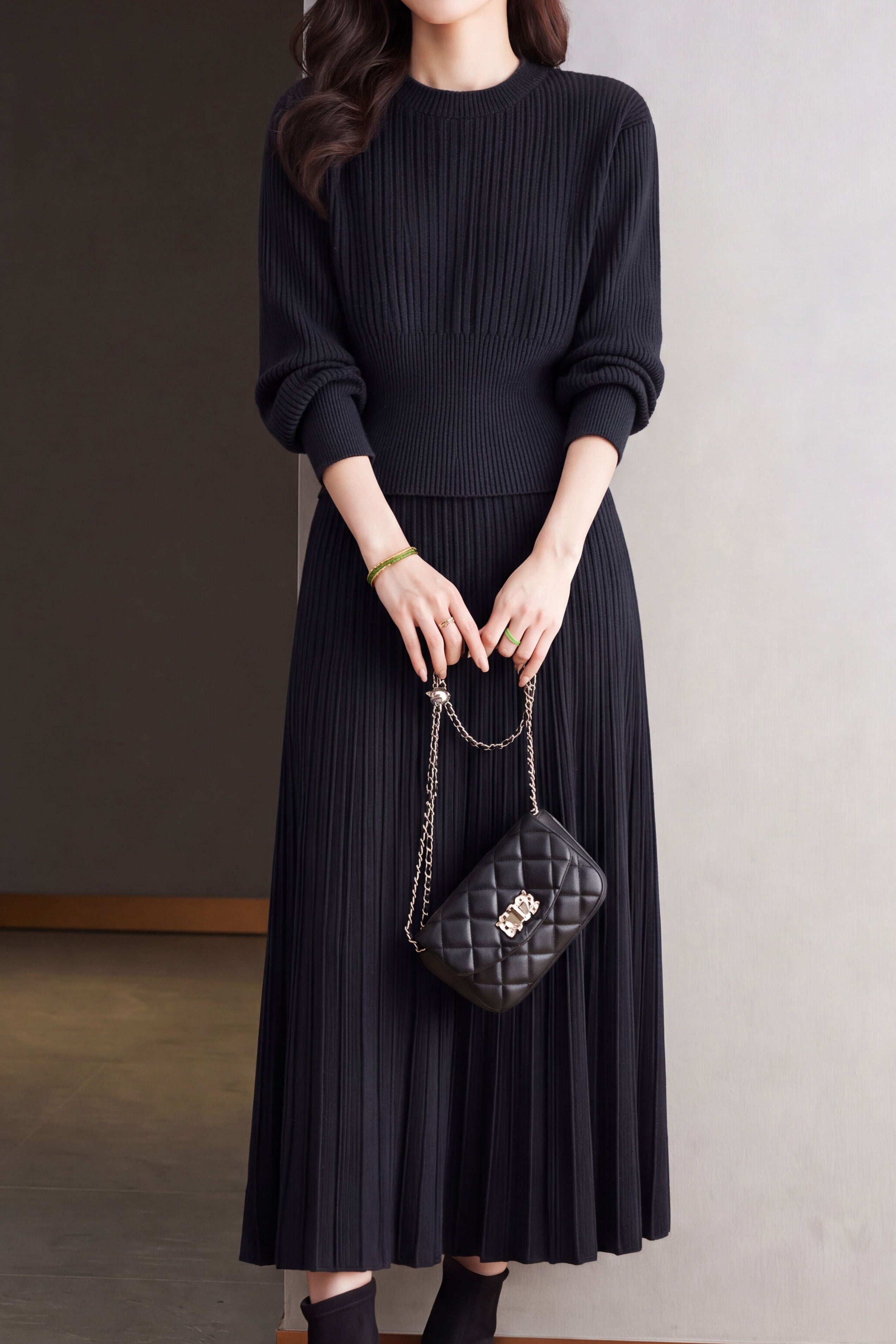 Elegant Round Neck Long Sleeve Waisted Knit Top & Midi Skirt Set