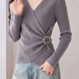 Elegant V‑Neck Ribbed Long Sleeve Knit Top With Cross Ring Buckle
