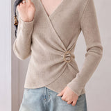 Elegant V‑Neck Ribbed Long Sleeve Knit Top With Cross Ring Buckle
