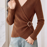 Elegant V‑Neck Ribbed Long Sleeve Knit Top With Cross Ring Buckle