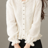 Elegant Ruffled Round Neck Long Sleeve Knit Cardigan