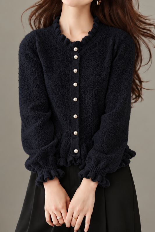 Elegant Ruffled Round Neck Long Sleeve Knit Cardigan