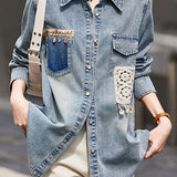Casual Lapel Denim Shirt With Lace Appliqué And Beaded Details