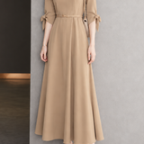 French Elegant Round Neck Partial Placket Three‑Quarter Sleeve Dress