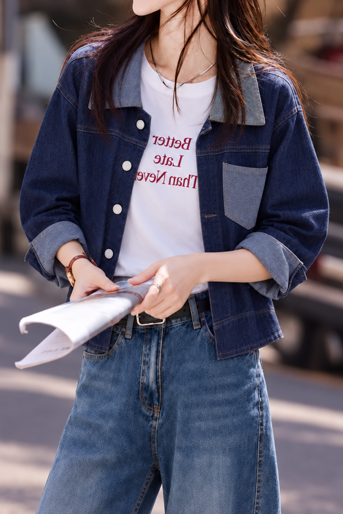 Casual Color‑Block Lapel Long Sleeve Denim Jacket - liwisi