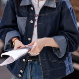 Casual Color‑Block Lapel Long Sleeve Denim Jacket