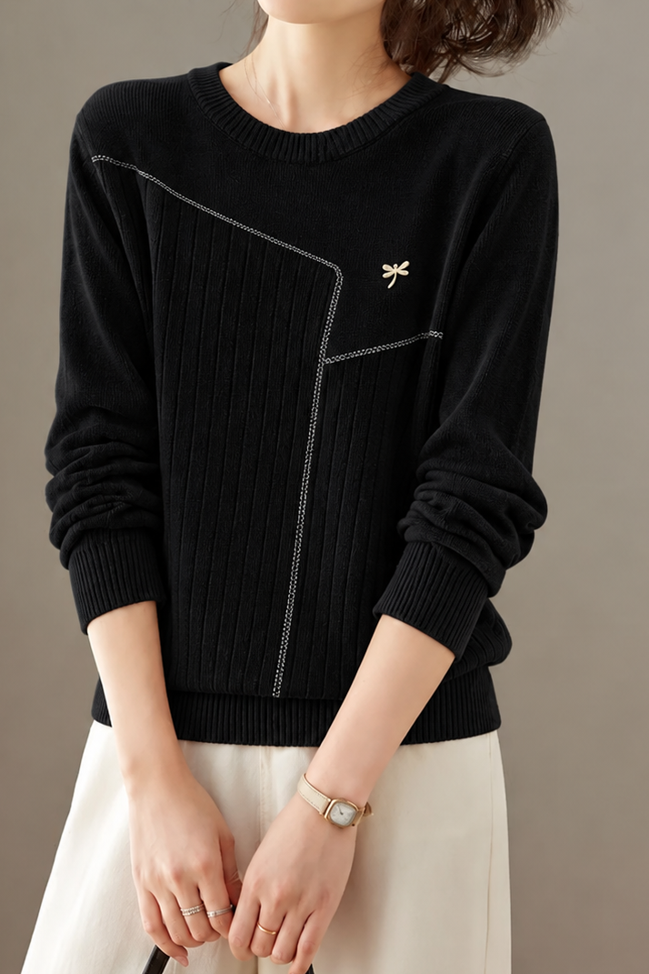 Elegant Round Neck Seamed Ribbed Long Sleeve Knit Top