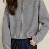 Elegant Round Neck Zipper Textured Long Sleeve Knit Cardigan