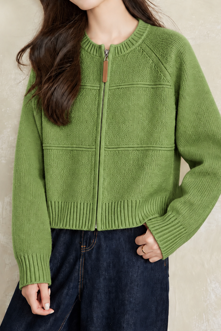 Elegant Round Neck Zipper Textured Long Sleeve Knit Cardigan