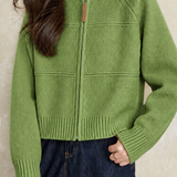 Elegant Round Neck Zipper Textured Long Sleeve Knit Cardigan