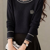 Exquisite Round Neck Jacquard Textured Long Sleeve Knit Top