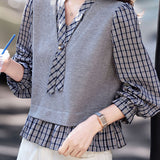 Casual Fake Two-Piece Plaid Spliced Knit Sweater