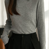 Elegant Polo Collar Cuff Slit Ribbed Knit Sweater