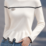 Exquisite Elegant Color Block Round Neck Ruffle Long Sleeve Knit Sweater