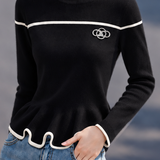 Exquisite Elegant Color Block Round Neck Ruffle Long Sleeve Knit Sweater