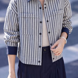 Casual Color Block Stripe Lapel Long Sleeve Shirt