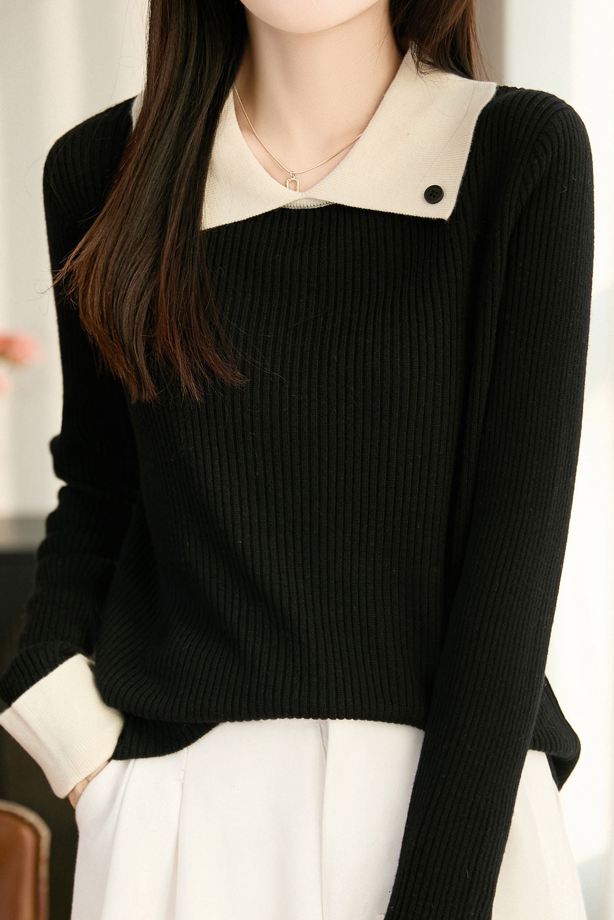 Intellectual Fake Two-Piece Color Block Lapel Ribbed Knit Sweater