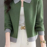 Casual Vintage Color Block Spliced Zip Knit Cardigan