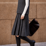 Minimal Contrast Stitching Brooch Vest & Pleated Midi Skirt Set