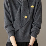 Elegant Scarf Collar Knit Sweater With 3D Pattern Decoration
