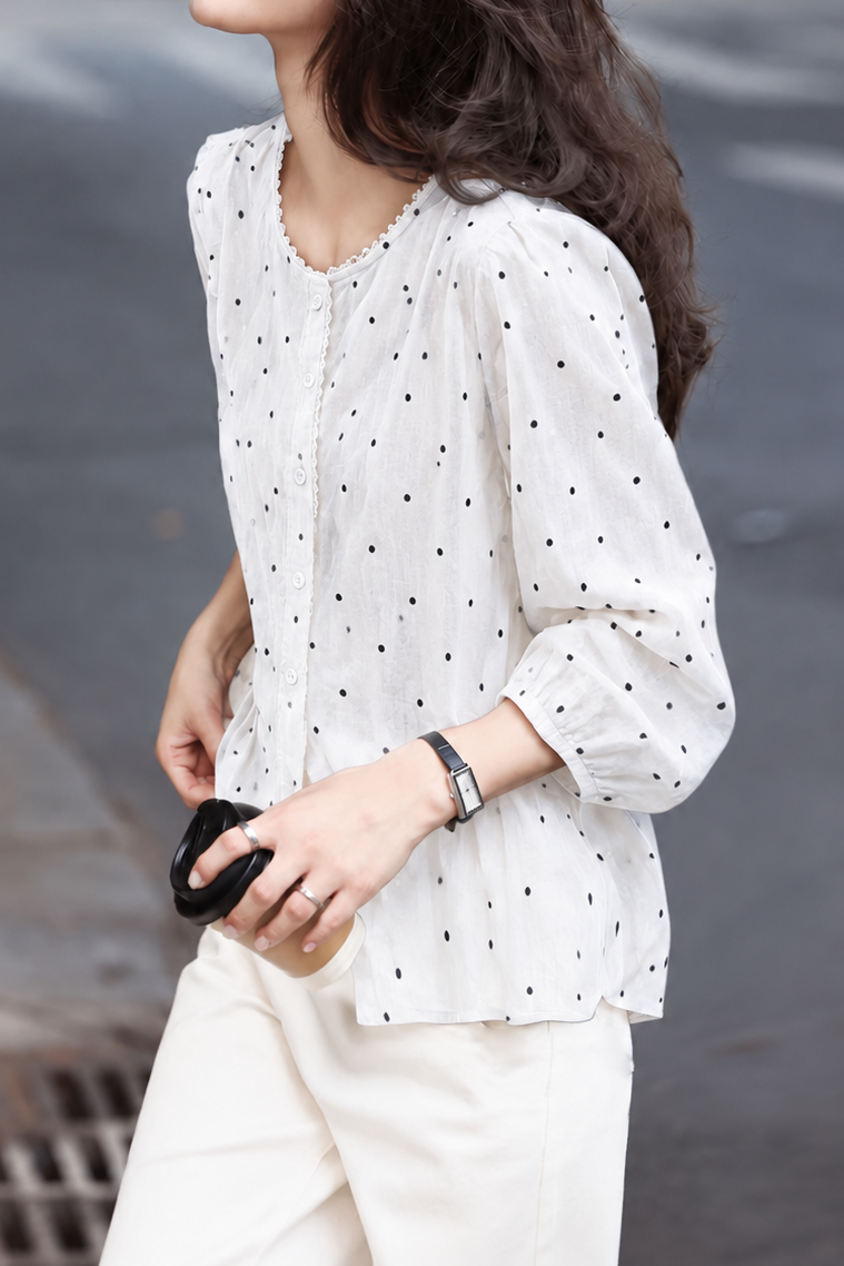 Vintage Ruffle Polka Dot Print 3/4 Sleeve Shirt