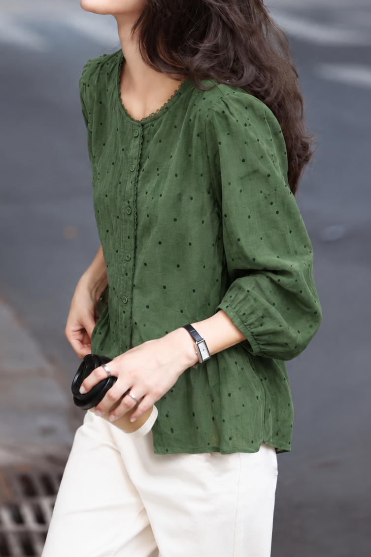 Vintage Ruffle Polka Dot Print 3/4 Sleeve Shirt
