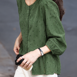 Vintage Ruffle Polka Dot Print 3/4 Sleeve Shirt